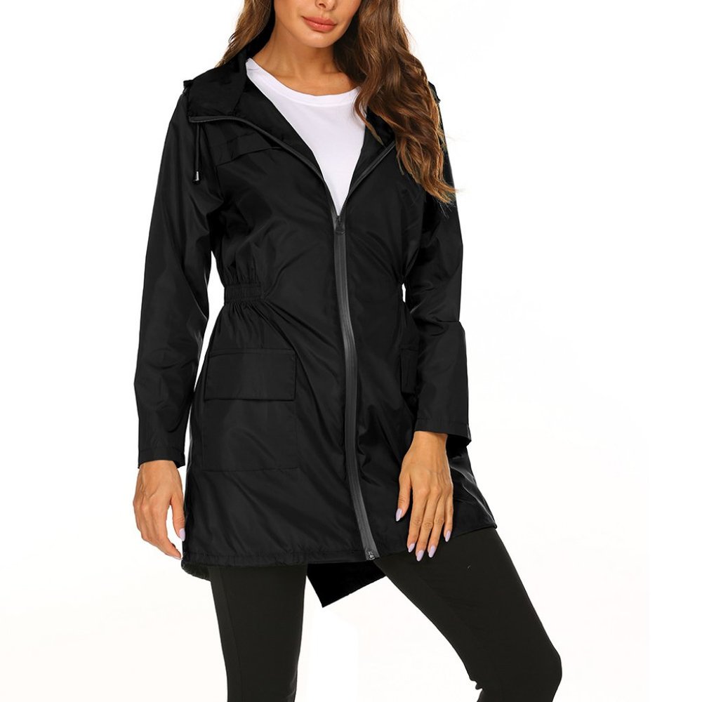 Women's Waterproof Jacket Ladies Hooded Outdoor Long Sleeve Raincoat Black S-XXL - Picture 6 of 6